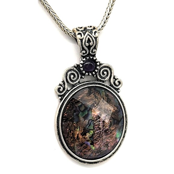 Kenneth Cole Abalone Shell Necklace Earrings Set Silver Tone Metal Swirl Ornate - Picture 12 of 17